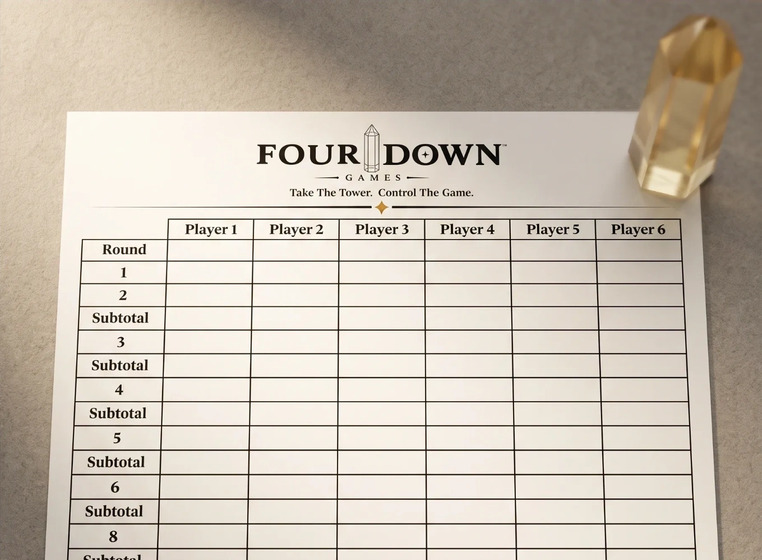 FOUR DOWN score sheet with the amber Stone Tower
