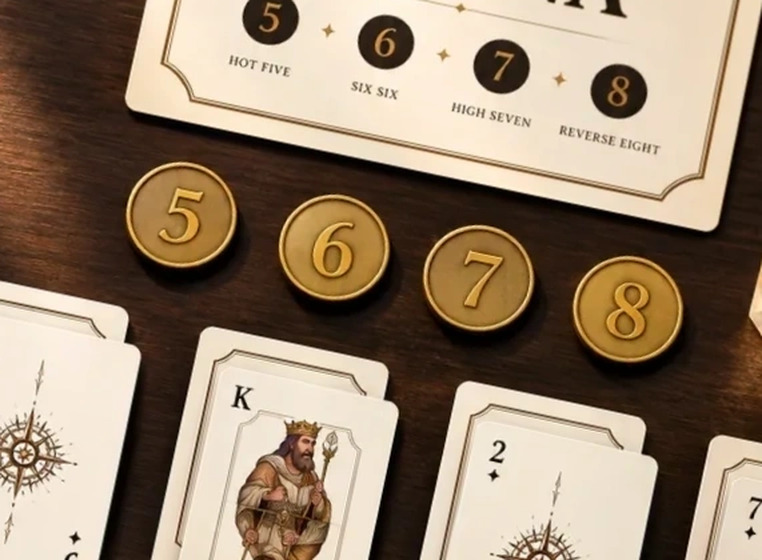 Gold Game Variation Tokens 5, 6, 7 and 8 beside the ARENA card